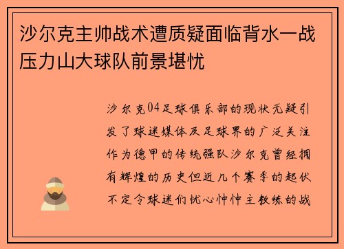 沙尔克主帅战术遭质疑面临背水一战压力山大球队前景堪忧